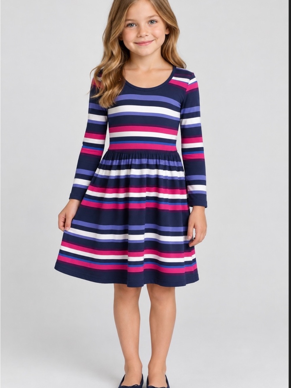 French Connection Girls Size 6 Striped Long Sleeve Dress- Navy Pink Purple